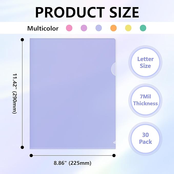 HOUYEE 30 Pack Clear Document Folders, L-Type Plastic File Folder Sleeves, Project Folders Paper Sheet Protectors for 8.5" x 11" Letter Size, for Home, Office, and School Use (6 Assorted Colors)