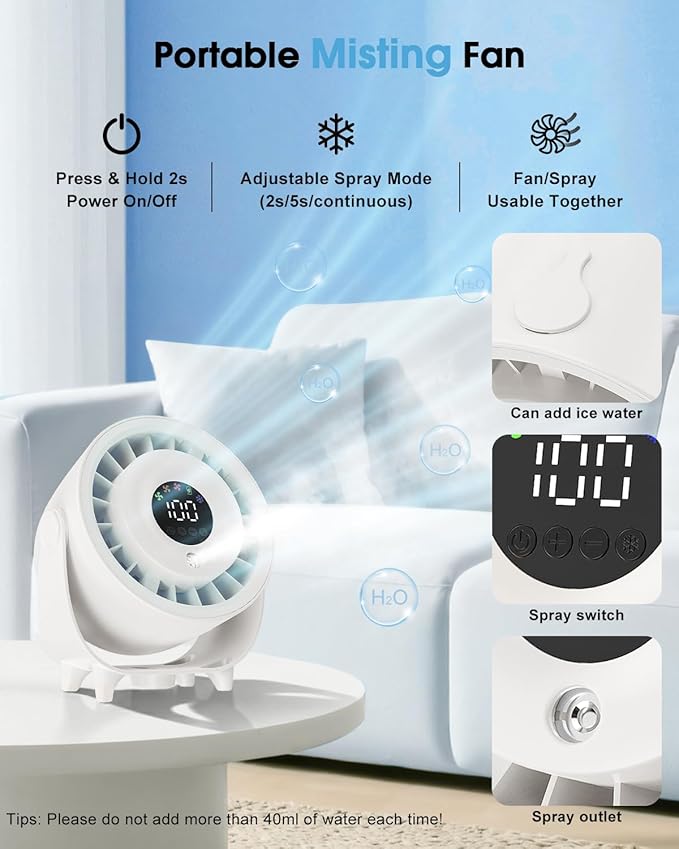 Ouddy Mode Small Desk Fan, 4000mAh Portable Misting Fan Quiet Table Fans with LED Display, Wall-Mouted Design USB Rechargeable Desktop Fans for Bedroom Travel Office Home Kitchen Outdoor White
