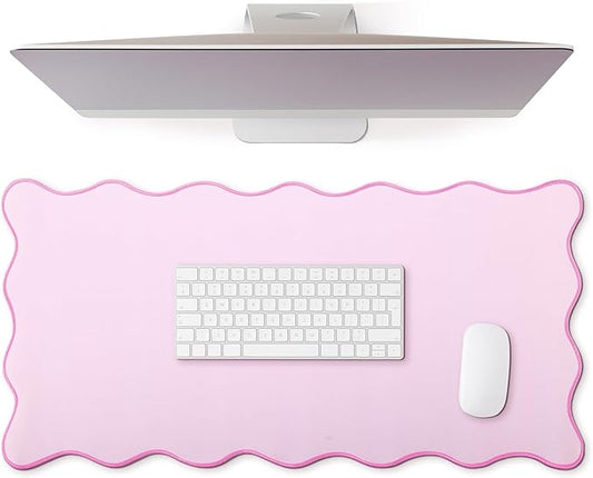 Hahafelt Scalloped Desk Mat Large Scalloped Piping Cute Desk Mat Aesthetic Preppy Table Pad Large Nonslip Pad with Edge Stitching Waterproof Gaming(Pink,23.6 x 13.8 Inches)