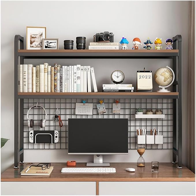 Desktop Hutch Bookshelf, 2-Tier Metal Desk Shelf with Grid Panel, Wooden Desktop Display Rack for Computer Monitor, Countertop Storage Organizer for Office Home Dorm (Black)