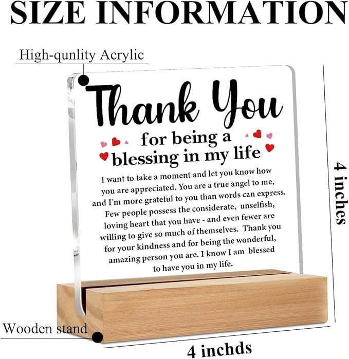 Thank You Gifts for Women, Thank You Acrylic Sign, Appreciation Gifts for Coach Mentor Teacher Coworkers Boss, Inspirational Desk Decor, Shelf Cubicle Table Decor for Office Home Living Room Decoration