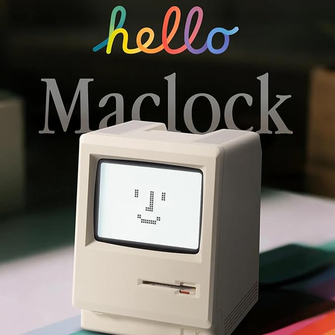 RayCue Maclock WB-8 Retro Pixel Alarm Clock - 1984 Computer-Inspired USB Desk Clock with Pixel Display, Multiple Alarms & Adjustable Brightness | Maclock Calendar, Temperature, Unique Retro Tech Gift