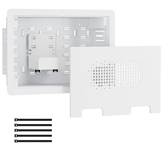 ynVISION.DESIGN 9" Recessed in-Wall Media Box for TV – Flush Wall AV Enclosure with Adjustable Shelf, Cable Straps & Vented Cover – Compatible with Apple TV, Roku & More - Pack of 4