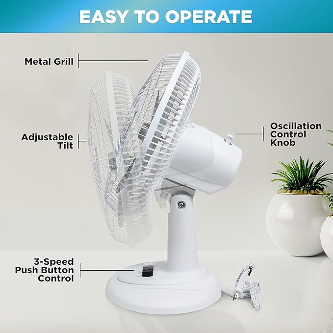 EZ-CHILL 16” Oscillating Table Fan with Adjustable Tilt, Convenient Push Button Controls, Quiet, 3 Speed, Desk Fan, Airflow 15.75 ft/sec, Ideal for Home, Bedroom, Dorm & Office, MTFD-16-BLK