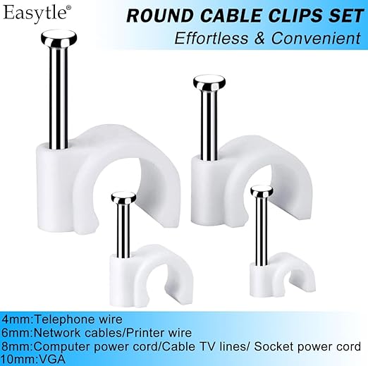 Cable Wire Clips 4mm 6mm 8mm 10mm Cable Management RG6 RG59 CAT5 CAT6 RJ45 Electrical Ethernet Dish TV Speaker Wire Cord Tie Holder Single Coaxial Nail Clamps (Pack of 400)