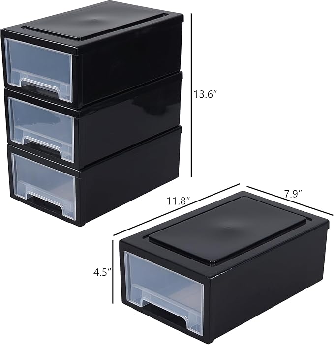 Compact Stacking Storage Drawer Unit, 6 Quart Plastic Desktop Drawers, 3 Pack, Black