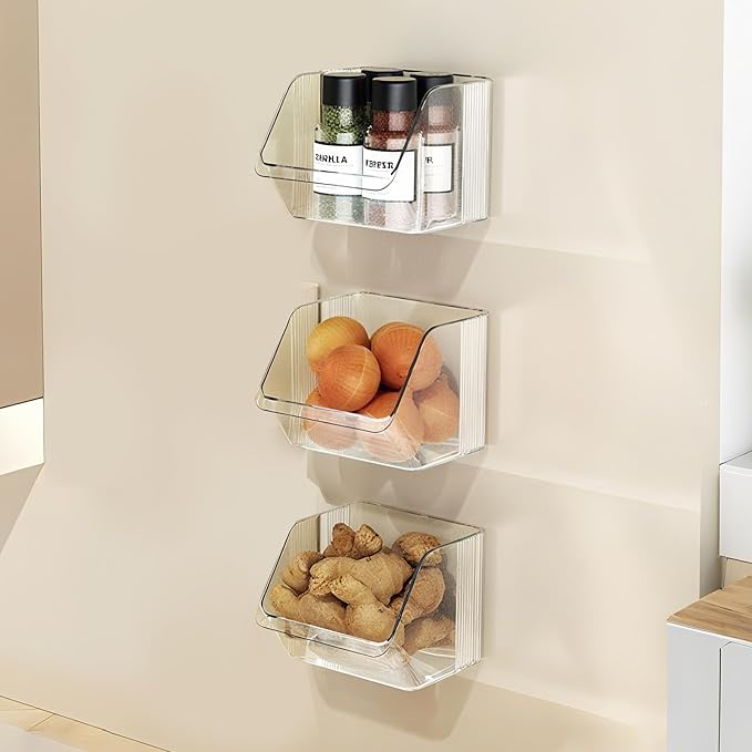 3 Pack Clear Plastic Wall Mount Storage Bins,Spice Rack Kitchen Organization and Storage,Organizing Small Items No Drilling Hang Walls/Doors for Bathroom, Bedroom, Office,Space-saving