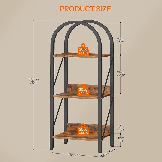HOOBRO Bookshelf, 3-Tier Arched Bookshelf, Industrial Bookcase with Metal Frame, Book Shelf Storage Organizer for Living Room, Office, Bedroom, Rustic Brow and Black BF423SJ01