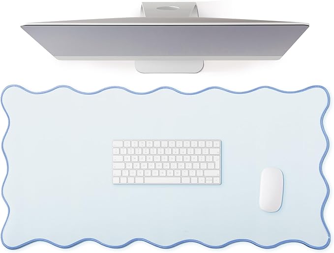 Hahafelt Scalloped Desk Mat Large Scalloped Piping Cute Desk Mat Aesthetic Preppy Table Pad Large Nonslip Pad with Edge Stitching Waterproof Gaming(Blue,31.5 x 15.8 Inches)