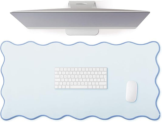 Hahafelt Scalloped Desk Mat Large Scalloped Piping Cute Desk Mat Aesthetic Preppy Table Pad Large Nonslip Pad with Edge Stitching Waterproof Gaming(Blue,31.5 x 15.8 Inches)