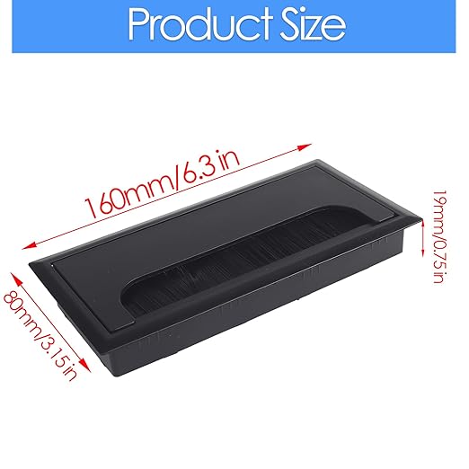 80x160mm Black Desk Grommet Rectangle Cable Grommet Hole Cover with Dense Brushes, ABS Plastic Wire Management Organizer for Computer Desk, Office Table, Home Entertainment Center ﻿