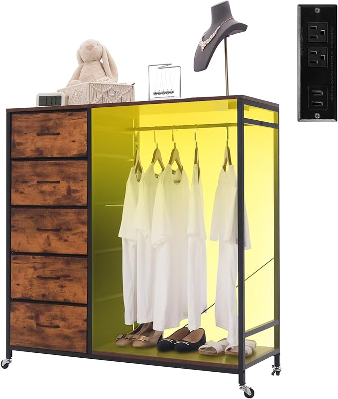 5 Drawer Fabric Dresser with Clothes/Hanging Rail/Rack Chest of Drawers with Charging Station Wardrobe/Closet Dresser for Bedroom, Brown