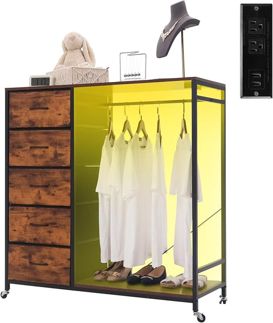 5 Drawer Fabric Dresser with Clothes/Hanging Rail/Rack Chest of Drawers with Charging Station Wardrobe/Closet Dresser for Bedroom, Brown
