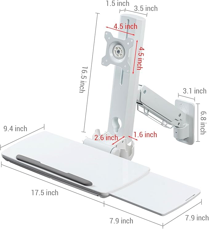 MyGift Wall Mounted White Metal Medical Grade Monitor Screen Workstation with Height Adjustable Arm, Keyboard & Extension Tray & Mouse Holder for Healthcare and Dental Clinics, Fits up to 35” Monitor