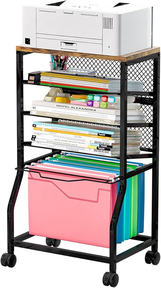 INGIORDAR 5-Tier Rolling File Cart, Under Desk Storage Organizer with Lockable Wheels & Mesh Sliding Trays, Multi-Functional Mobile Utility Cart for Office, Home, School, Black
