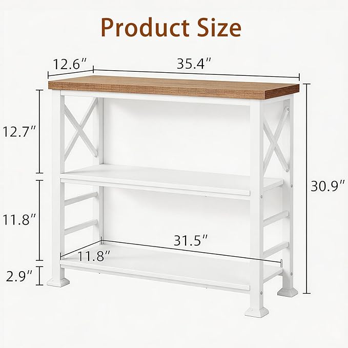 HOMBAZAAR 3-Tier Small Bookshelf, 35.4 Inch Short Book Shelf with Sturdy Metal Frame & Wood Shelves, Rustic Brown and White Industrial Bookcase for Living Room, Bedroom, Office