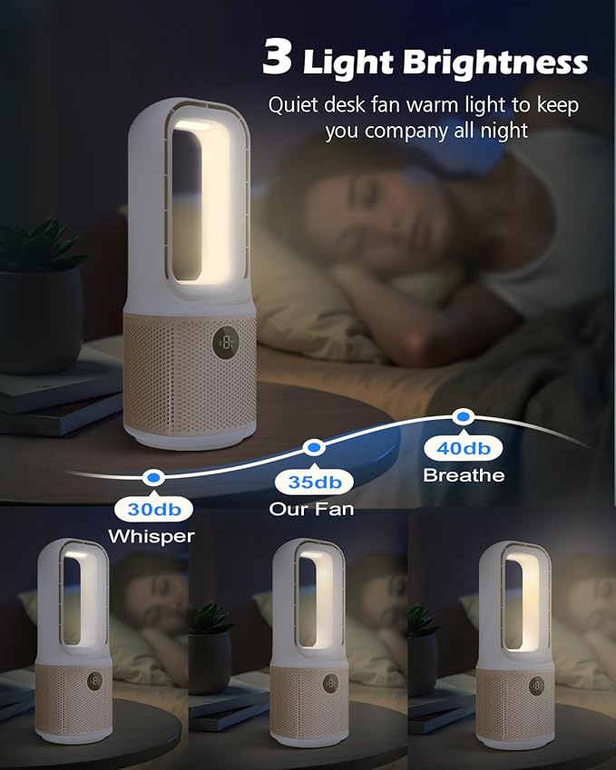 14 Inch Bladeless Desk Fan, USB Rechargeable Personal Cooling_Fan. Small Ultra Quiet, 9 Wind Speeds. 3 LED Night Light. 60°Oscillation. 1-9H Timer Child & Pet Safe for Home Office BedroomDesktop