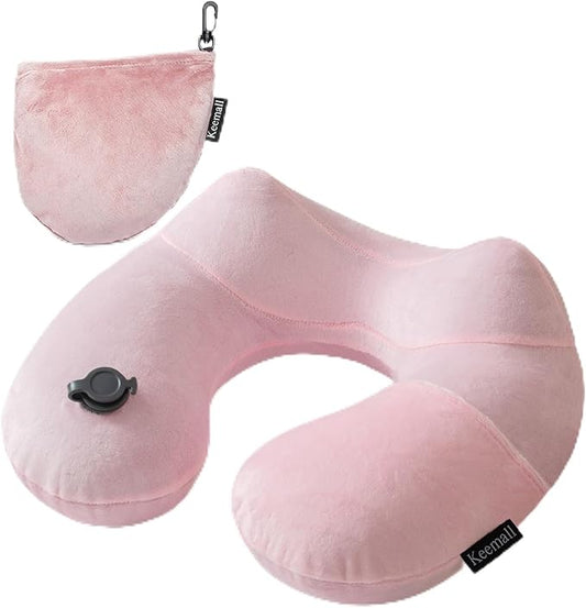 Keemall Inflatable Travel Pillow, Premium Soft Pink Velvet Neck Pillow, Washable Lightweight Portable Travel Essentials for Flight Road Trip Camping Office, Ideal Travel Gift for Women Girls