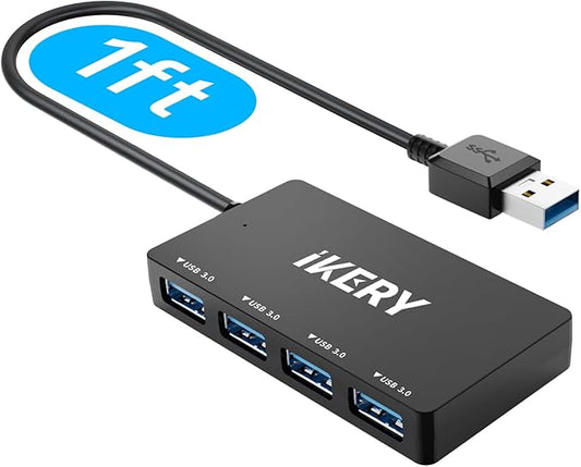 4-Port USB 3.0 Hub, 5Gbps High Speed Data Transfer USB Hub, Portable Multiporter Extension with 1ft Extended Cable, Compatible for Laptop, PC, MacBook, Windows Computers and More