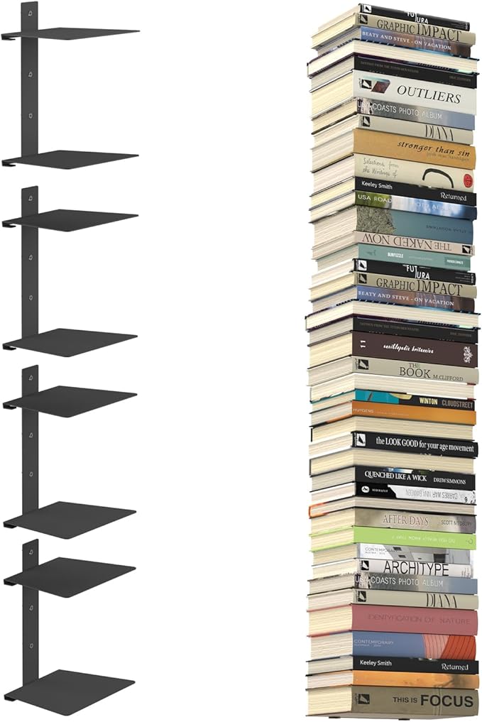 Mefirt Invisible Floating Bookshelves for Wall, 8 Tier Vertical Spine Book Tower, Heavy Duty Floating Book Shelves Metal Book Organizers for Home Office, 4 Pack(Black)