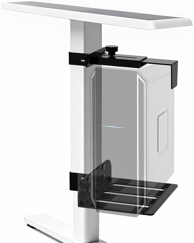 Ultra-Stable No-Drill Under Desk PC Mount - 40 lb Capacity Computer Holder, Adjustable Height & Width, Clamp-On CPU Caddy for Standing Desks (Fits 65mm x 45mm Legs)