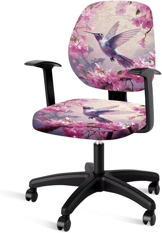 Hummingbird Flower Office Chair Covers Washable Computer Chair Cover Ethnic Split Protective Stretch Desk Chair Seat Covers Dorm Computer Rotating Chair Slipcover Party Favor Pink