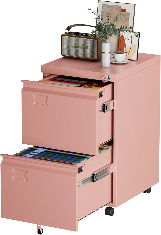 Aobabo Rolling File Cabinet with Lock,2 Drawer Metal Filing Cabinet for Home Office & Under Desk, Heavy-Duty Mobile Storage with 5 Wheels (Anti-Tilt), Fits Letter/Legal,Pink,Required Assembly
