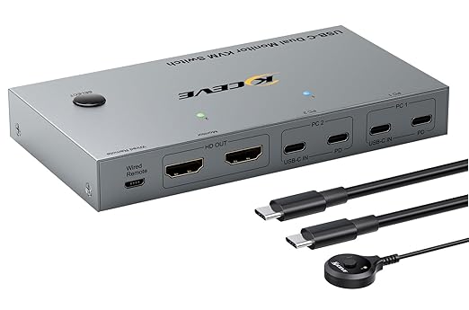 KCEVE KVM Switch 2 Monitors 2 Computers USB C, KVM Switch USB-C for 2 Laptops Sharing 2 Monitors and 4 USB3.0 Devices, 4K@60Hz, 100W PD, MST, Wired Remote(4K USBC HDMI 2 in 2 Out KVM)