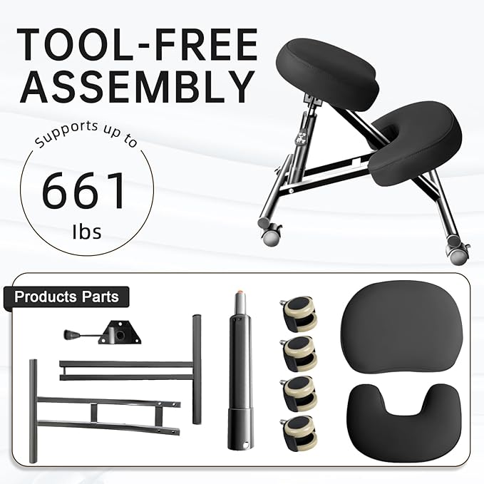 PU Leather Ergonomic Kneeling Chair, Adjustable Home and Office Stool with Thick Pads and Flexible Lockable Brake Wheels for Back Pain Relief (Light Black)