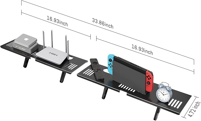 CABTE Adjustable Steel TV Top Shelf, Floating TV Stand, Universal Monitor Shelf for Soundbar, Game Console, Cable Box, Router Shelves (33.86X4.72inch)