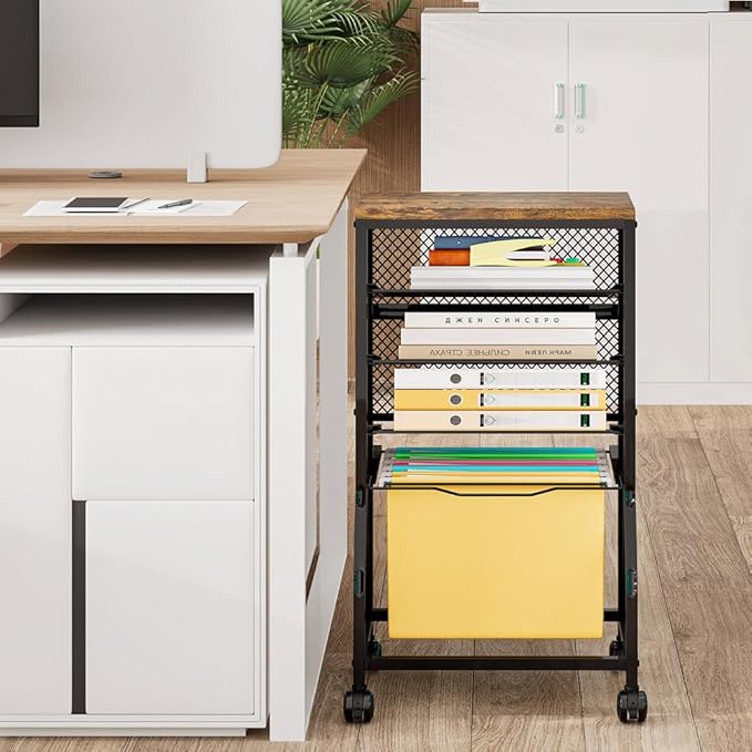 INGIORDAR 5-Tier Rolling File Cart, Under Desk Storage Organizer with Lockable Wheels & Mesh Sliding Trays, Multi-Functional Mobile Utility Cart for Office, Home, School, Black