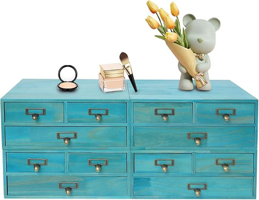 4 Packs Vintage Desktop Apothecary Cabinet with 3 Drawers, Vintage Desktop Organizer Wood Desktops Organizers Stackable Drawers Chest Drawer for Herb Storage Tea Collection Stationery (Blue)