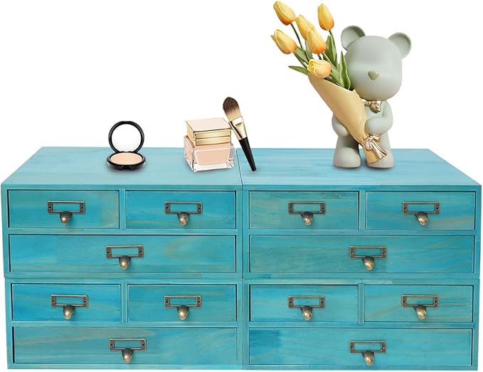 12 Drawers Apothecary Cabinet, 4-Pack Wood Tabletop Medicine Cabinet, Vintage Desktop Drawer Library Card Catalog Cabinet Wooden Chest Drawer Organizer for Tea Herbs Jewelry Stationery (Blue)
