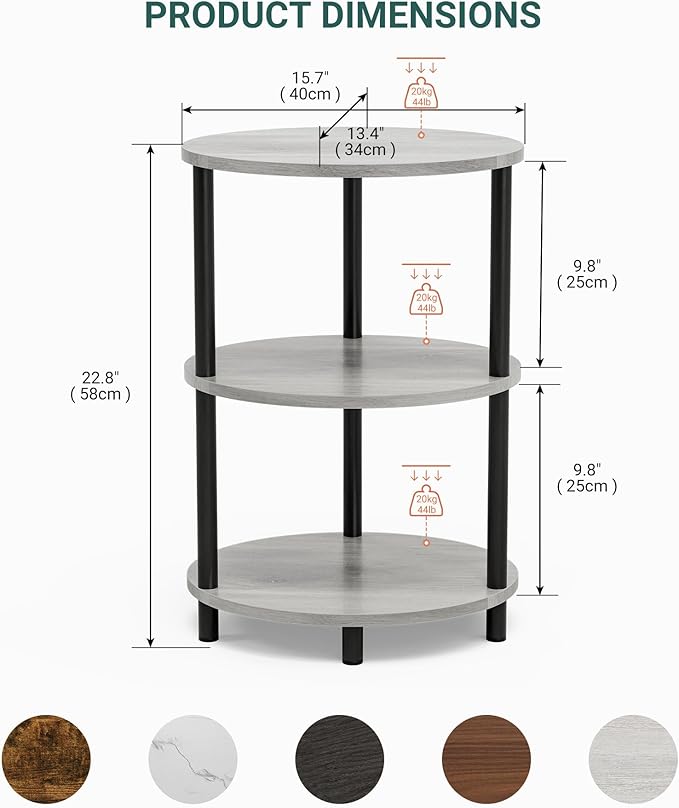 Round Pedestal End Table - 3-Tier Oval Accent Table for Small Spaces, Rustic Wood and Metal Couch Side Table, Nightstand for Bedroom or End Table Living Room, Easy to Assemble, Greige