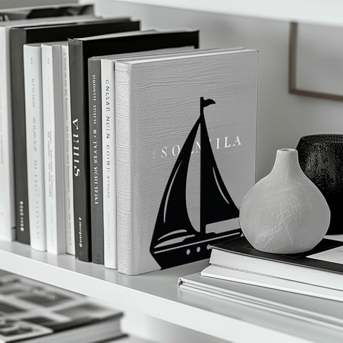 Peacoblue Metal Bookends for Shelves, Modern Decorative Heavy Duty Study Book Support Stoppers for Office, Desk, Shelf, Room 5.3"x4.3"x7" Cast Iron Simple Tall Bookends, 1 Pair (Sailboat)