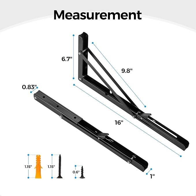 Home Expert 16 Inch Folding Shelf Brackets, 4 Pack (2 Pairs) Heavy Duty Metal Collapsible Wall-Mounted Brackets, Space-Saving DIY Foldable Shelf for Benches and Tables, Matte Black