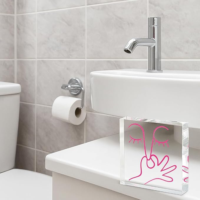 Abstract Humor Bathroom Decor - Minimalist Face Line Acrylic Sign, 4x4 Inch Pink Fun, Suitable for Toilet, Guest Bathroom, Bedroom, Desk Decoration