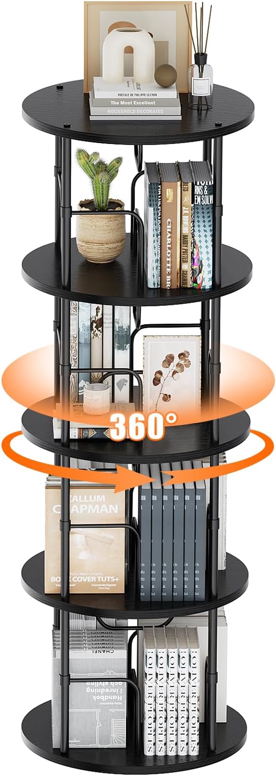 ALLSTAND Rotating Bookshelf, 4 Tier Spinning Bookshelf Tower, 360° Display Round Bookcase, Floor Standing Corner Revolving Bookshelf Organizer Storage Rack for Small Spaces, Home Study Office, Black