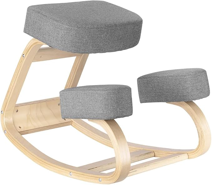 Desky Ergonomic Grey Kneeling Chair – Adjustable Wooden Frame with Cushioned Seat and Knee Pads, Natural Finish, Home Office & Study Support