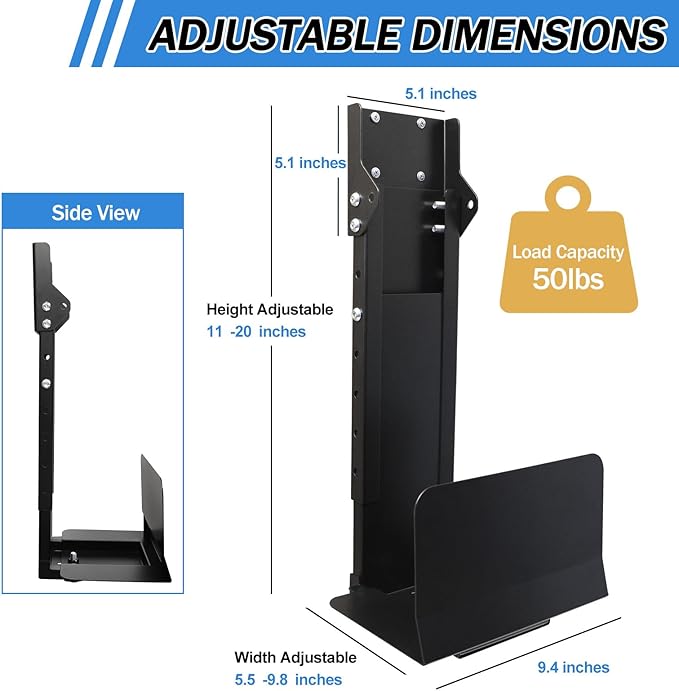 Heavy Duty Computer Wall Mount PC Case - Upgraded, Also Great for PC Mount Under Desk - Height Adjustable from 11" to 21", Width Adjustable from 5.5" to 9.8", Computer Tower Under Desk Home Office