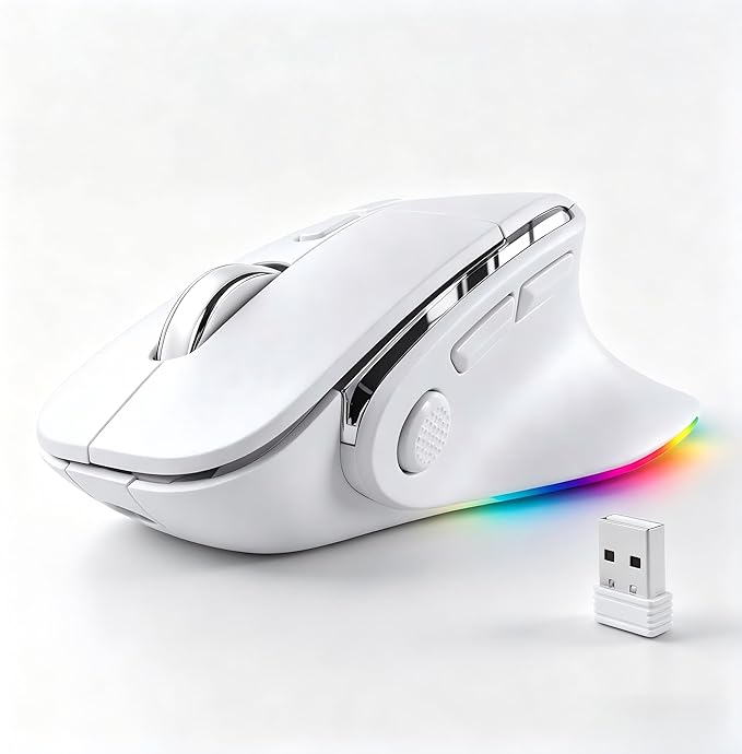 Ergonomic Mouse Jiggler,Bluetooth Vertical Wireless Mouse,LED Rechargeable Optical Computer Mice, Portable(BT5.2 or USB 2.4GHz) Dual Mode,1000/1600/2400 DPI,8 Buttons for Laptop,PC,Macbook (white)