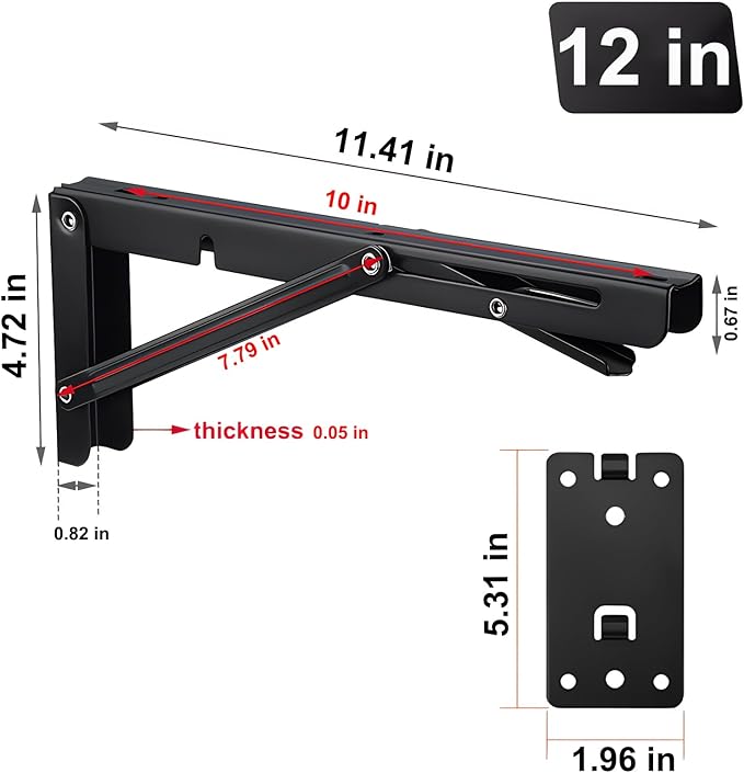 Folding Shelf Brackets， Detachable Folding Bracket，2 Pack Heavy Duty Wall Mounted Folding Brackets， DIY L Detachable Folding Bracket for Workbench Folding Table Hinge (12 Inch)
