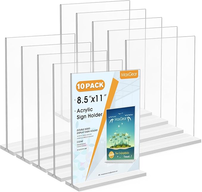 MaxGear Acrylic Sign Holder 8.5x11 Inches 10 Pack, Double Sided Clear Display Stand Table Top Paper Holder, Vertical Menu Flyer Stand, Plastic Frame for Stores, Restaurants, Hotels, Office