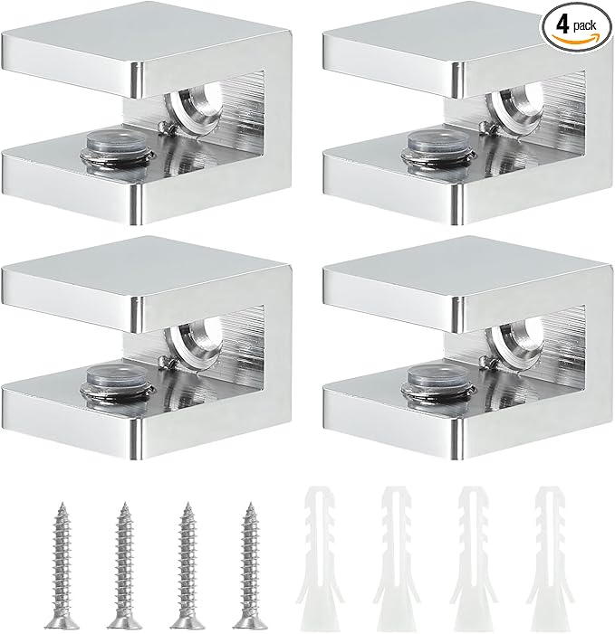 uxcell Glass Shelf Clamp, 4Pcs Brass Glass Clamp for 5-8mm Thick Glass, Adjustable Glass Shelf Bracket Support Holder, Silver