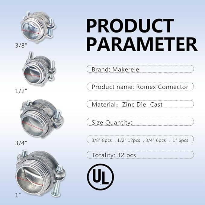 MAKERELE 32-Piece Assortment Kit of Clamp Type Cable Connectors - 1/2 Inch, 3/8 Inch,3/4 Inch, 1 Inch - UL Listed - Durable Zinc Alloy for Metallic Conduit and, NM and SE Cable