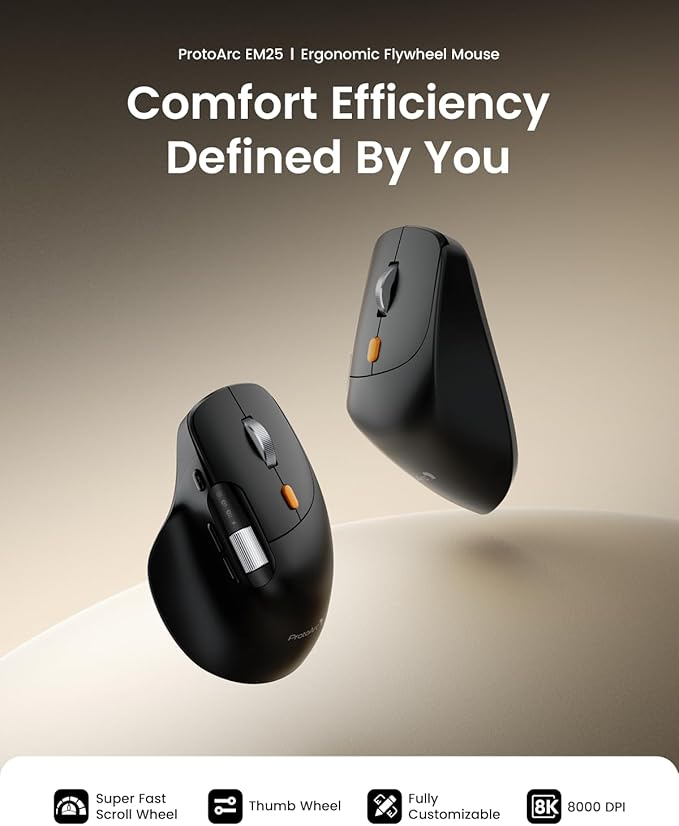 ProtoArc Ergonomic Wireless Mouse, EM25 Fast Scrolling & Side Scroll, Customizable Bluetooth Rechargeable Mouse, 8000 DPI for Medium to Large Hands, Compatible with Windows/Mac/Android, Black