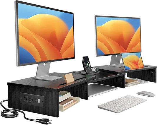 HUANUO Dual Monitor Stand -Monitor Stand with USB ports ,Adjustable Length and Angle, Dual monitor riser w/ Desktop Socket, Monitor Stand Riser for PC, Computer, Laptop (Black)