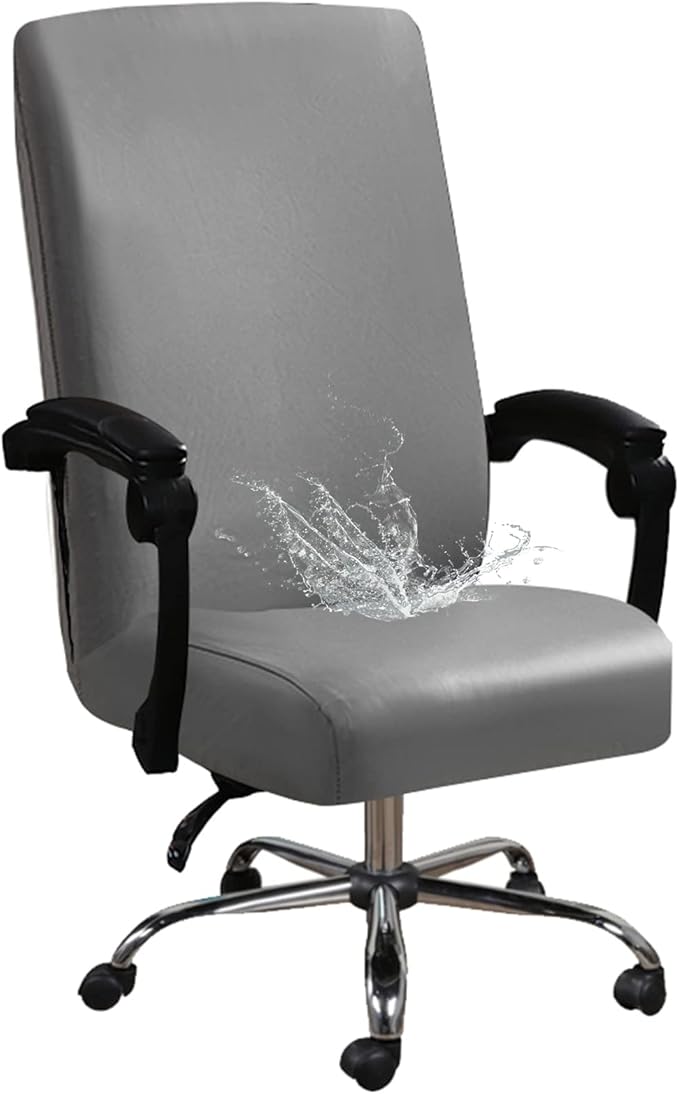 Shukii Waterproof Office Chair Cover PU Leather Computer Seat Covers Stretch Rotating Chair Slipcover with Elastic Bottom Universal Chair Protectors for Rotating Boss Chair (Grey, Medium)
