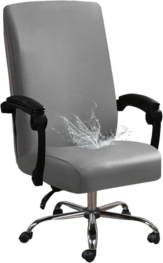 Shukii Waterproof Office Chair Cover PU Leather Computer Seat Covers Stretch Rotating Chair Slipcover with Elastic Bottom Universal Chair Protectors for Rotating Boss Chair (Grey, Small)