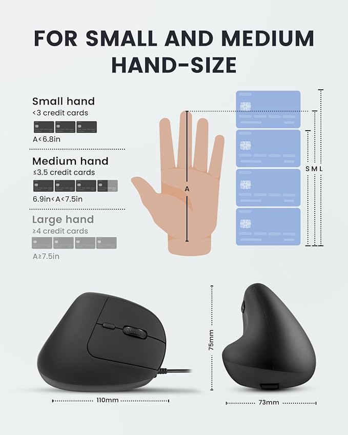 Perixx PERIMICE-508II Wired Vertical Ergonomic Mouse - 6 Buttons, Adjustable DPI 1000/1600/3200/6400, Optical Sensor, USB Plug and Play, Right-Handed, Black